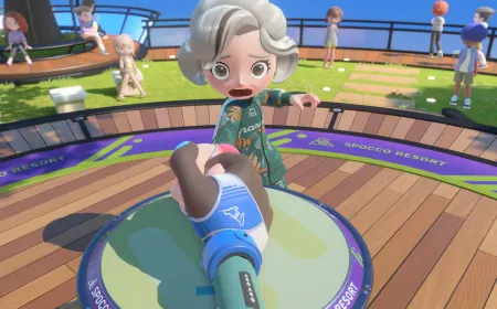 Nintendo Switch Sports Resort gameplay showcasing Joy-Con 2 motion controls for tennis, boxing, and skateboarding.