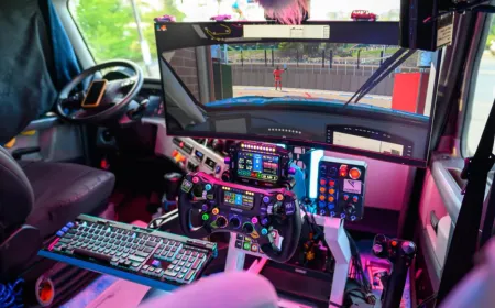 A compact racing rig with precision pedals and an ergonomic bucket seat occupies the passenger area of a semi-truck cabin.