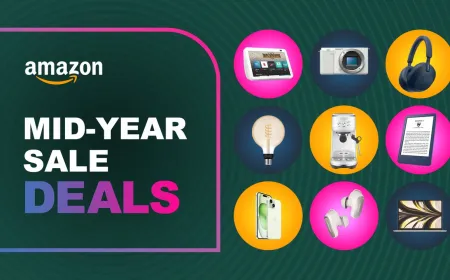 Amazon 2026 Mid-Year Sale banner displaying discounts on consumer electronics and smart home devices.