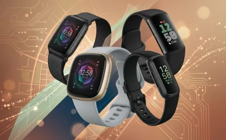 Fitbit fitness trackers and smartwatches are arranged for a Best Buy Father's Day promotional display.