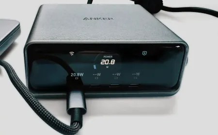 The Anker Prime 250W Charging Station displays six ports, an LCD screen, and a manual power dial.