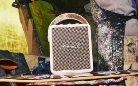The Marshall Stockwell III portable speaker displays its modular exterior and accessible replaceable battery compartment.