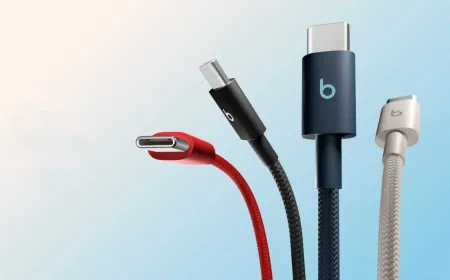 A ten foot braided USB-C cable with silver connectors rests on a light surface.