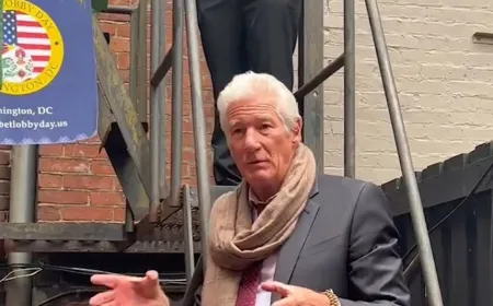 Richard Gere speaks at the launch of a migration initiative in Berlin.