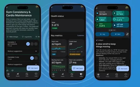 The Google Health interface displays updated Fitbit integration and improved food tracking features.