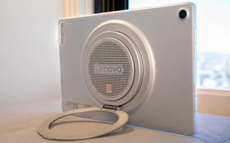 The Lenovo Tab Plus Gen 2 tablet displays its rear speaker array and rotating kickstand.