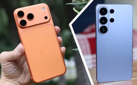 The iPhone 17 Pro Max and Samsung Galaxy S26 Ultra are shown side by side to compare their designs and features.