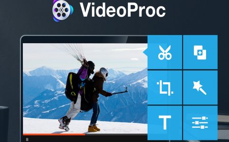 The VideoProc application window displays video editing and file conversion tools on a Windows desktop.