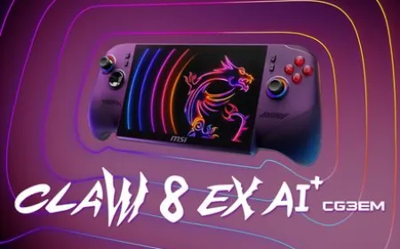 The MSI Claw 8 EX AI+ handheld gaming device features an eight inch display and Hall effect controls.