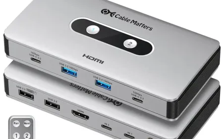 A Cable Matters USB-C KVM switch connects two computers to a single monitor and peripherals while providing charging ports.