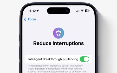The interface displays the iPhone settings menu for configuring the Reduce Interruptions focus mode.