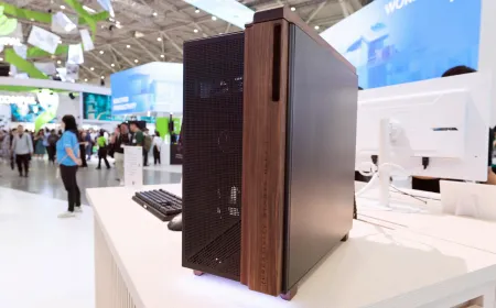 A Gigabyte PC case concept with wooden panels and tempered glass is displayed at Computex.
