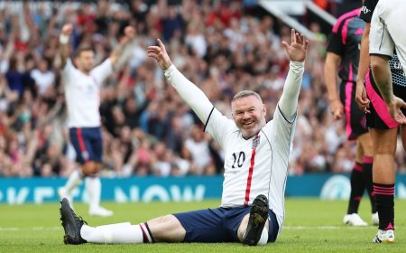 Players compete during the Soccer Aid 2026 charity football match between England and the World XI.