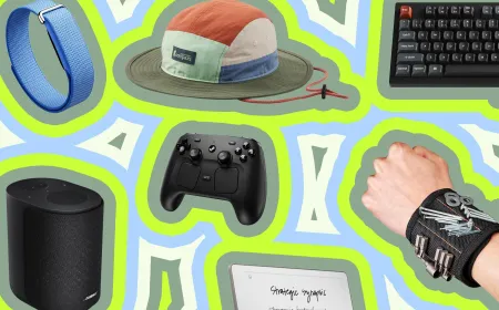 The photograph displays a curated collection of practical tools and gadgets for modern fathers.