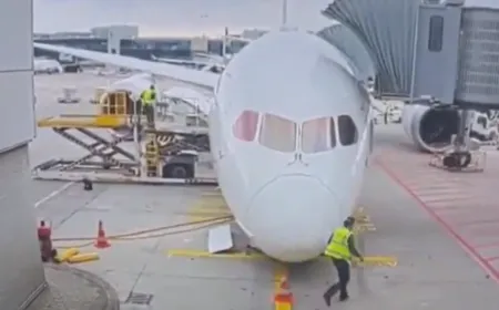 Lufthansa Boeing 787 Dreamliner resting on its nose after a landing gear incident at Frankfurt Airport