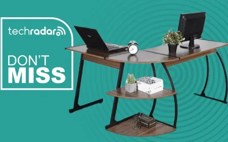 An L-shaped home office desk features an engineered wood surface, a steel frame, and integrated corner shelving.