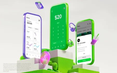 A smartphone screen shows the Cash App Mobile interface with details about the new unlimited 5G plan.