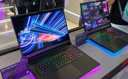 The display features portable laptops with integrated AI processors and ergonomic keyboards at Computex 2026.