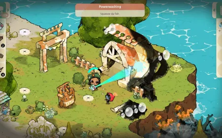 Screenshot of the protagonist exploring a forest island in Cozy Grove: Camp Spirit.