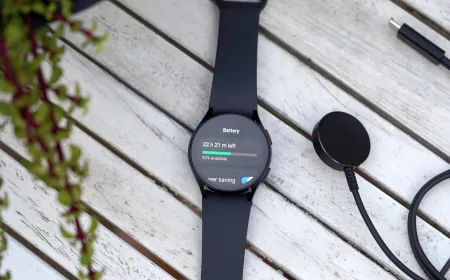 The Galaxy Watch battery settings screen displays Google Play Services power consumption.