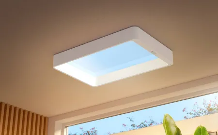 Philips Skylight ceiling fixture simulating natural daylight with a dedicated remote control for circadian health.