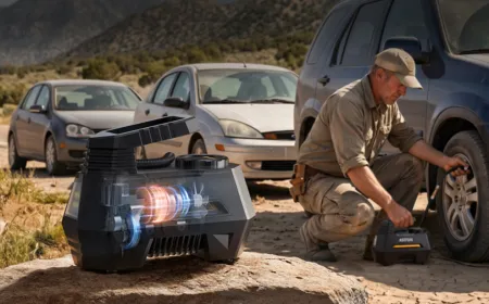 A compact portable tire inflator rests on a vehicle floor mat, ready for roadside emergency use.
