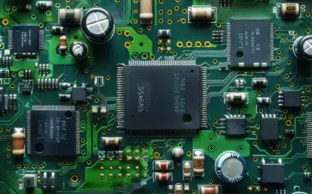 A detailed close-up of a printed circuit board displays copper traces and mounted electronic components.