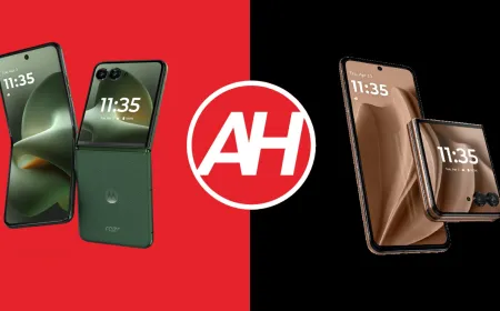 The Motorola Razr+ 2026 and 2025 smartphones are shown side by side to highlight their design differences.
