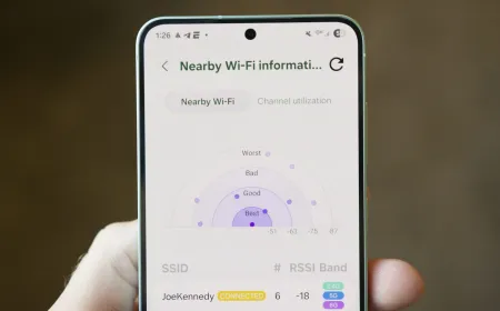 The Samsung Galaxy interface displays built-in spatial measurement, document scanning, and network mapping utilities.