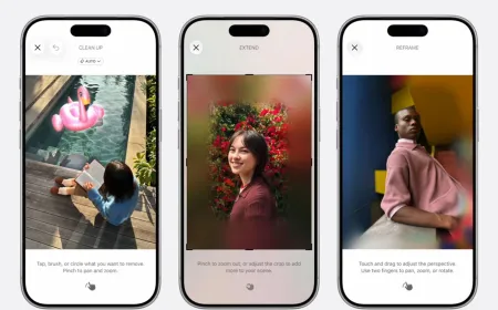 Smartphone screen showing the Apple Photos app interface with new AI editing tools for spatial reframing and extending.