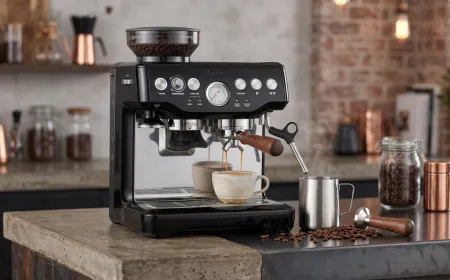 Breville Barista Express espresso machine featuring an integrated grinder and adjustable steam wand