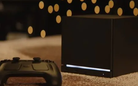 The Steam Machine console displays the SteamOS interface in a typical living room.