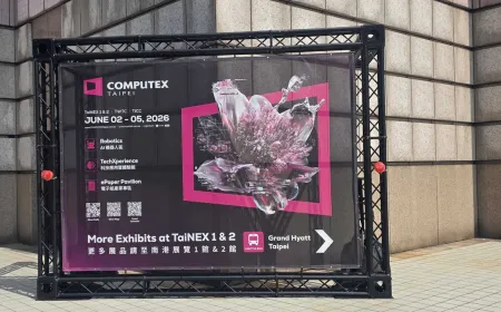 Exhibition halls display server hardware and networking components at Computex 2026.