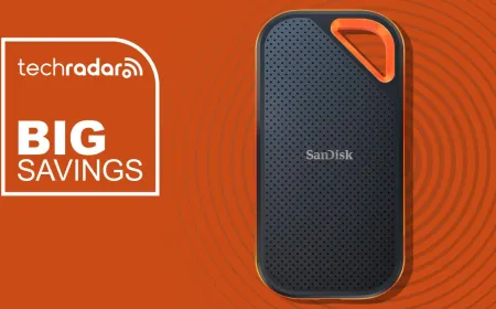 The SanDisk Extreme Pro portable solid state drive features a rugged black casing and a USB connector.