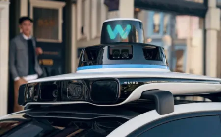 A white Waymo robotaxi sits parked on a city street, highlighting autonomous vehicle data retention policies.