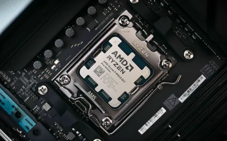 AMD AM5 socket and DDR5 memory modules are mounted on a desktop motherboard.