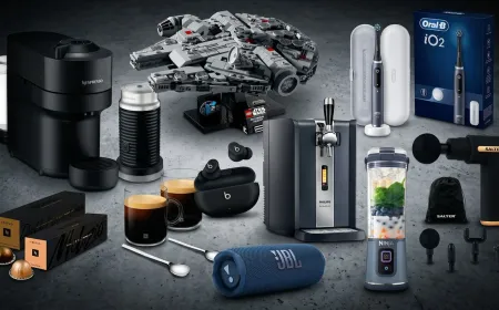 The image shows audio equipment, home appliances, and building kits arranged for Father's Day promotions.