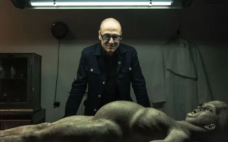 This promotional poster for the Alien Autopsy documentary features vintage film reels and laboratory silhouettes.