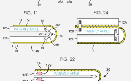 The photograph shows the Liquidmetal hinge mechanism on the Apple iPhone Ultra foldable prototype.