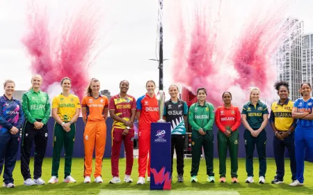 The broadcast graphic displays official tournament scheduling details for the ICC Women's T20 World Cup 2026.