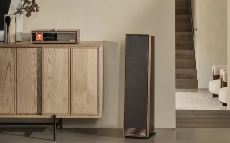Ruark heritage-style music console with slimline speakers, CD player, vinyl turntable, and hi-res music streaming.