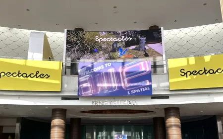 The presentation stage at Augmented World Expo 2026 displays augmented reality hardware prototypes and Android XR frameworks.