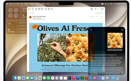 The updated macOS interface displays integrated AI capabilities within Spotlight and system menus.
