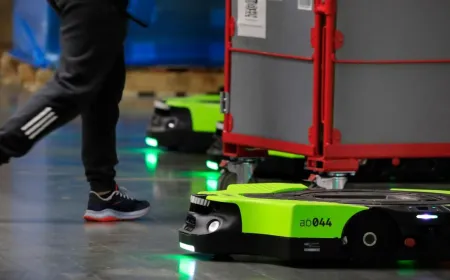 An autonomous warehouse robot processes spoken instructions for Amazon's European logistics network.