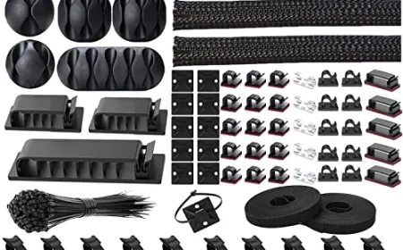 Organized power and data cables secured beneath a standing desk to reduce clutter