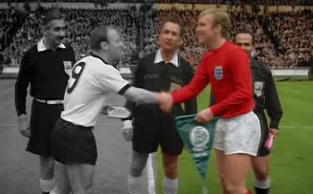 Color broadcast footage shows players competing during the 1966 World Cup Final match.