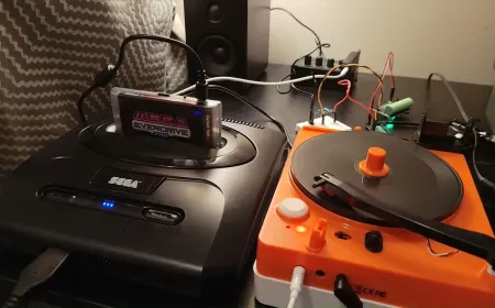 Sega Genesis console connected to a vinyl turntable during an analog data storage experiment.