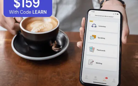 A computer screen shows a language learning platform interface with subscription plan details.