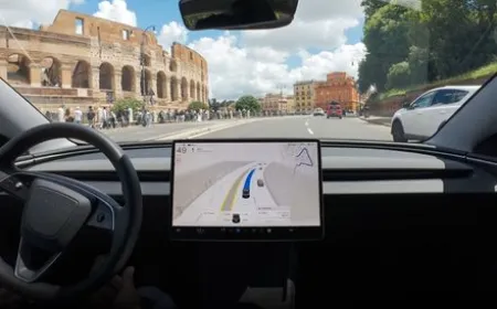 The Tesla FSD 14.3.4 interface displays a predictive parking dialog that previews destination parking plans.