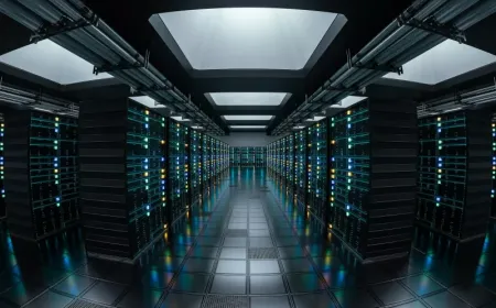 A data center complex stands near cooling towers and electrical infrastructure.